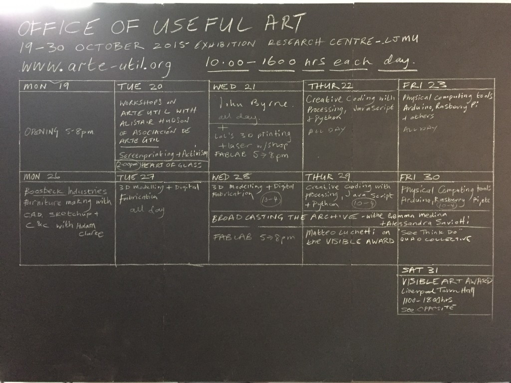 Various Authors, “The Office of Useful Art”, 2015. Installation view. ‘The Office of Useful Art 2015: Localist Worker’, organized by Liverpool John Moores University’s Liverpool School of Art and Design, Middlesbrough Institute of Modern Art and Tate Liverpool, 2015. Exhibition Research Centre, Liverpool (UK). Courtesy of The Office of Useful Art