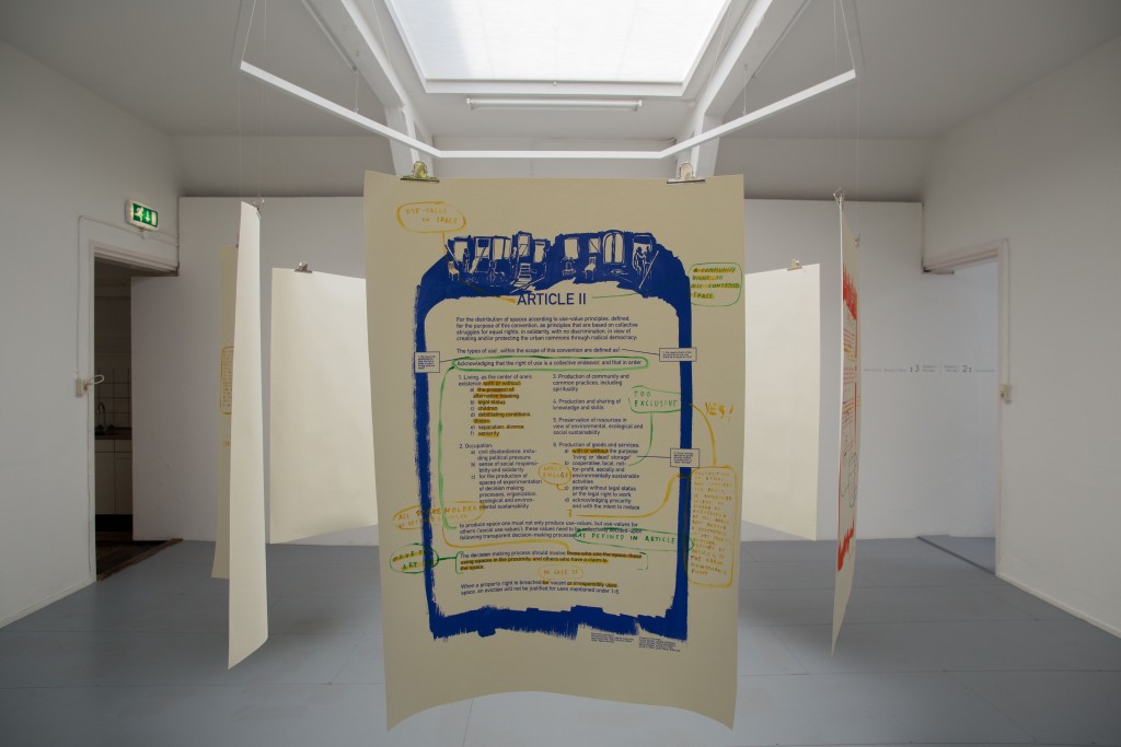 Adelita Husni-Bey, White Paper: The Law, 2015, six silk-screen posters on cotton rag, each 55 1/8 × 39 3/8". From the series “White Paper,” 2014–16. Installation view, Casco Art Institute: Working for the Commons, Utrecht, Netherlands, 2015. Photo: Niels Moolenaar.  