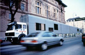 Acconci Studio, Mobile Linear City, 1991, installation including six mobile housing units.